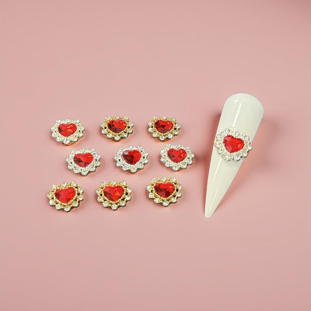 Rhinestone Red Heart Charm - Silver & Gold - 10pc