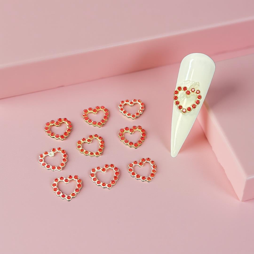 Hollow Red Heart Charm - Silver & Gold - 10pc