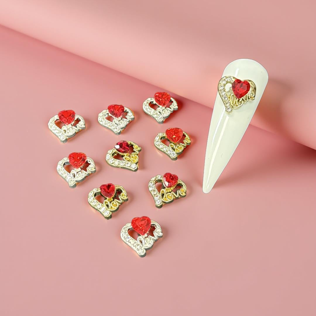 Red Love Heart Charm - Silver & Gold - 10pc