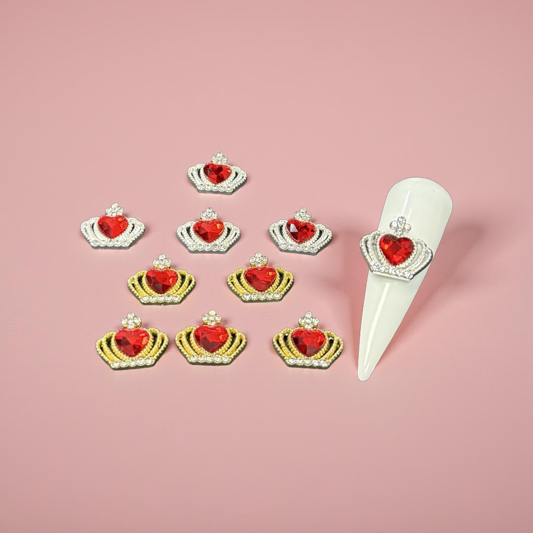 Crown Red Heart Charm - Silver & Gold - 10pc