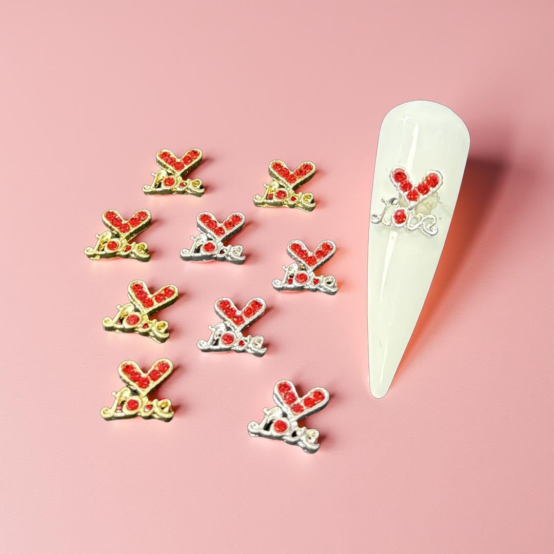 Red Love Heart Charm - Silver & Gold - 10pc