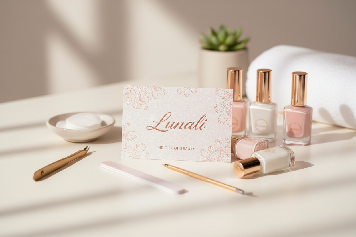 create a photo of a Lunali Gift Card on top of a manicure table surrounded by some nail products. Make it girly and pink in a minimalist way.