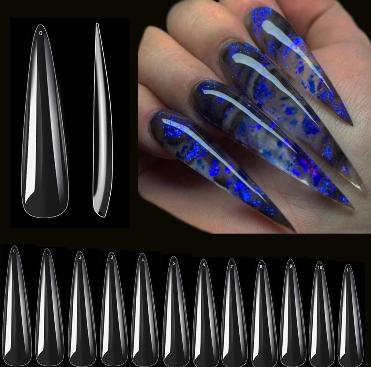 Full Cover 3XL Stiletto Clear Nail Tips Bag 0 to 11 - 360pc