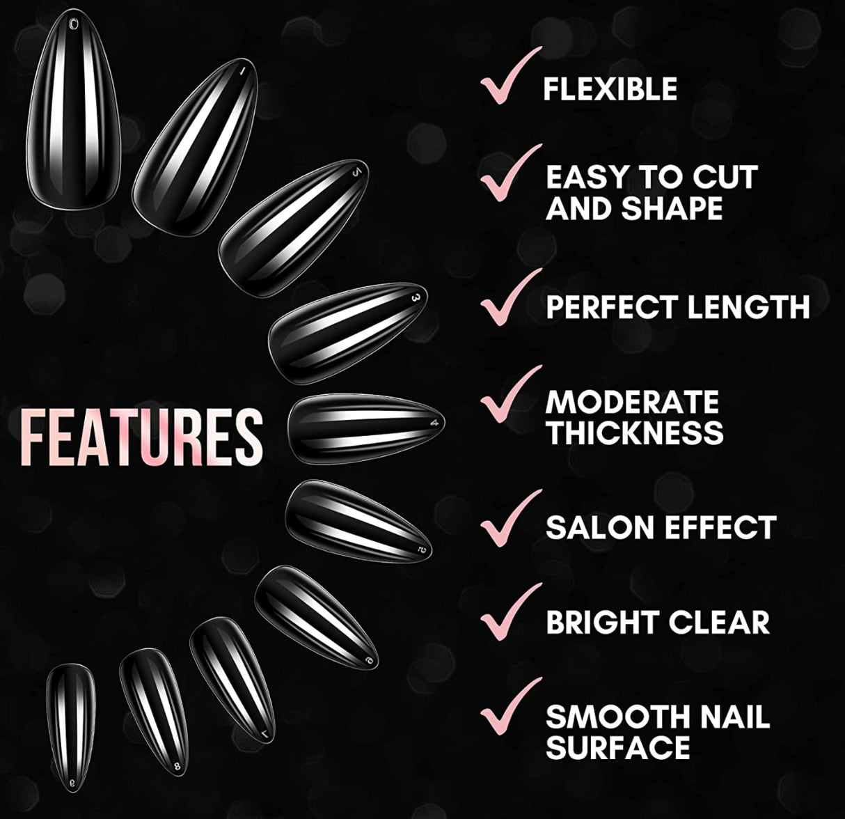 Full Cover Medium Almond Nail Tips Bag - 0 to 11- 600 pcs