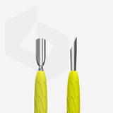 Manicure pusher Gummy with yellow silicone handle UNIQ 10 TYPE 2 (rounded narrow and beveled pusher)