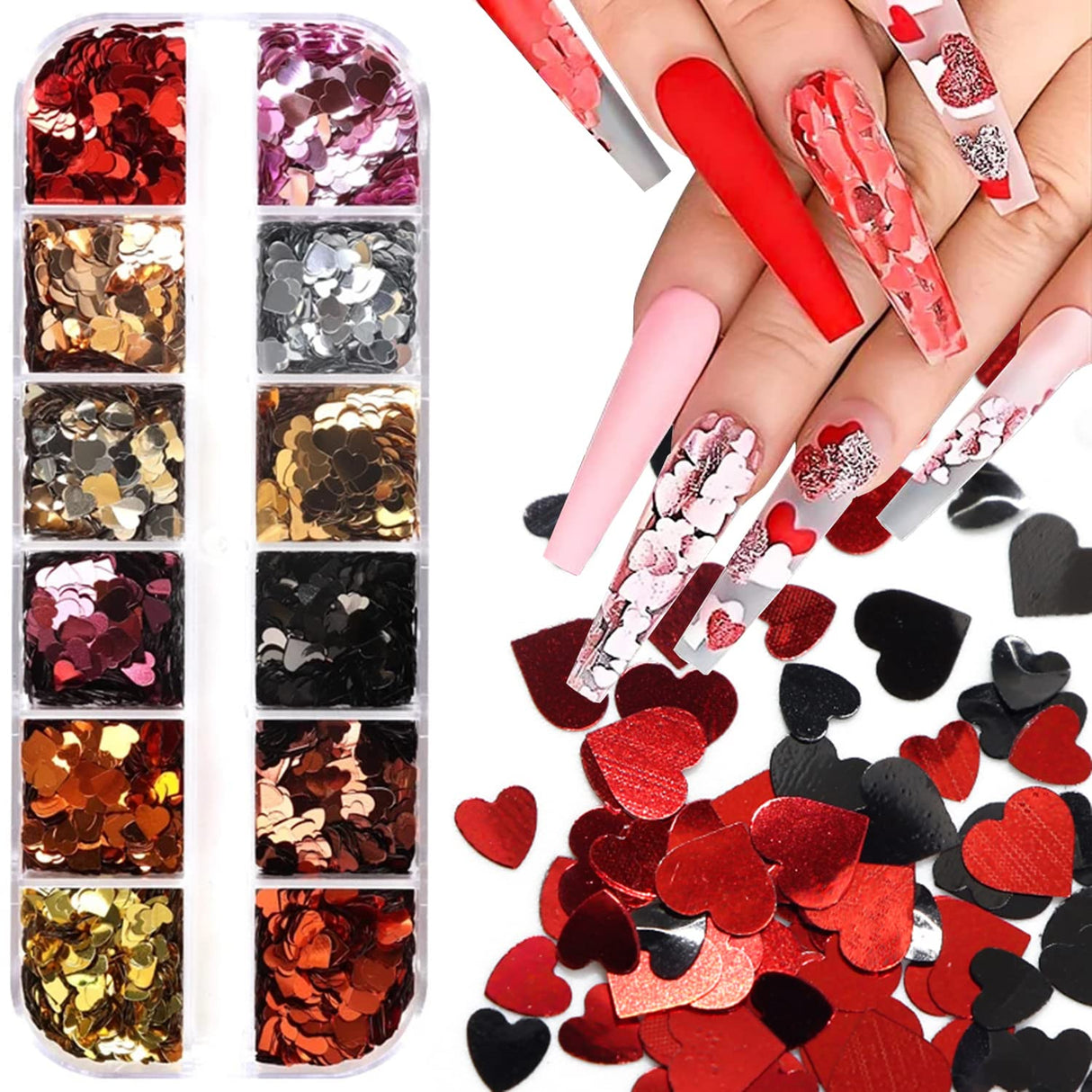 12 Grids Hearts Nail  Sequin Mix Color- #3