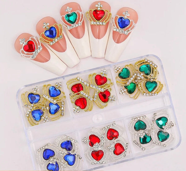3D Heart Crowns Nail Charms Mix Colors -Silver & Gold 30pcs