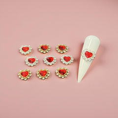 Rhinestone Red Heart Charm - Silver & Gold - 10pc