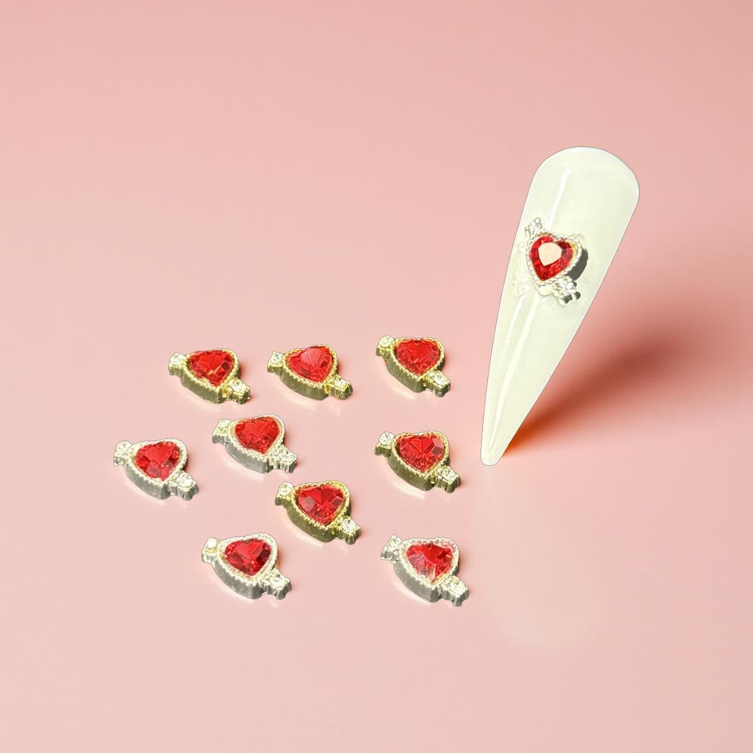 Red Cupid Arrow Heart Charm - Silver & Gold - 9pc