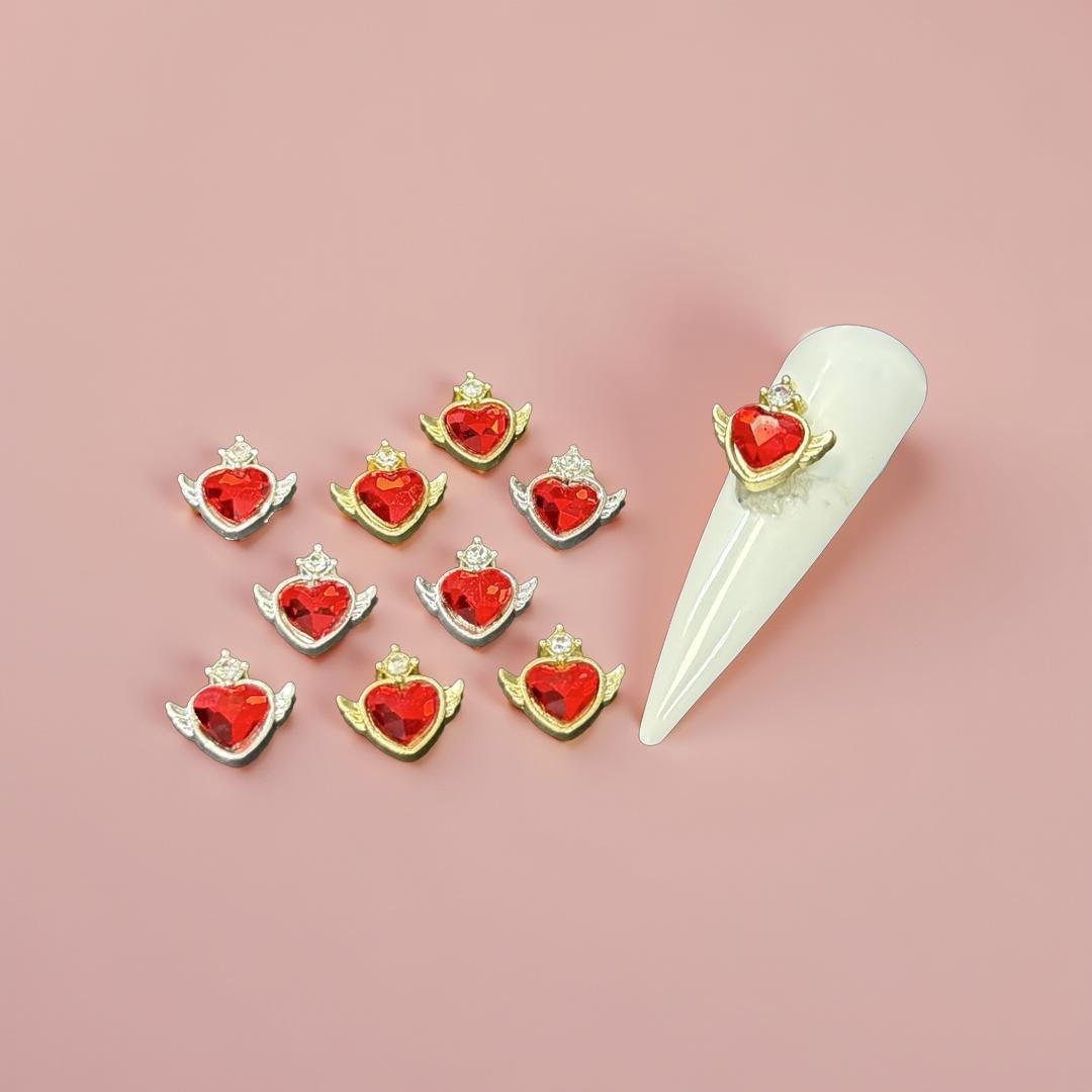 Red Wing Heart Charm - Silver & Gold - 10pc