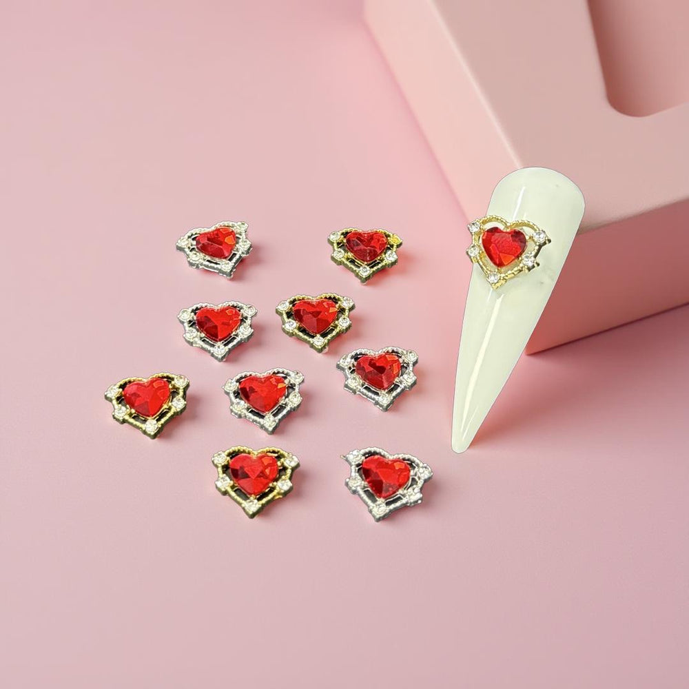 Rhinestone Red Heart Charm - Silver & Gold - 10pc
