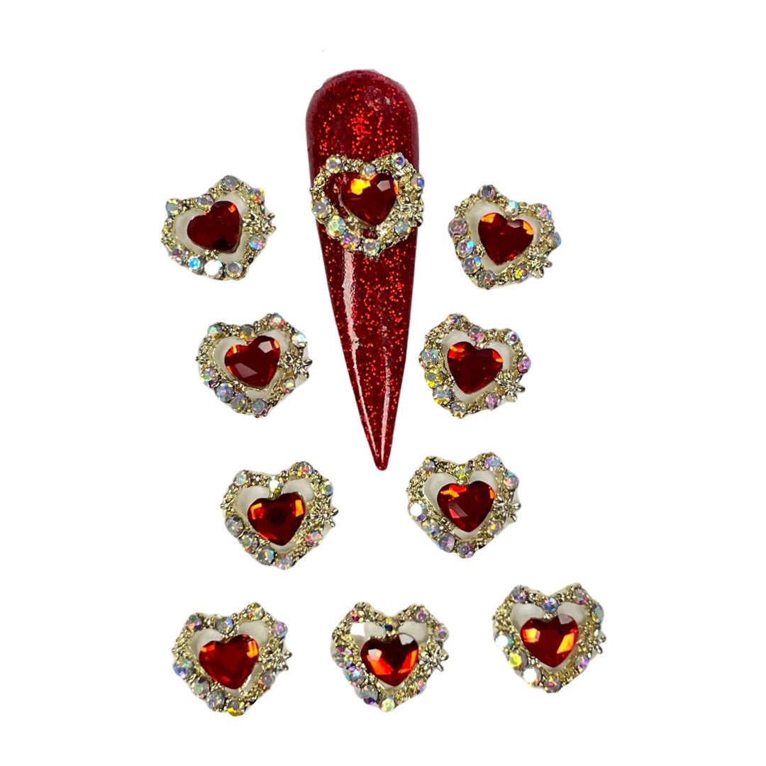 3D Red & Gold Heart Nail Charms - 10PC