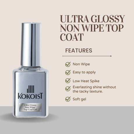 Ultra Glossy Non Wipe Top Coat Gel 15ml - Kokoist