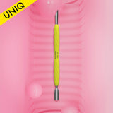 Manicure pusher Gummy with yellow silicone handle UNIQ 10 TYPE 2 (rounded narrow and beveled pusher)