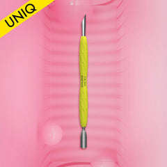 Manicure pusher Gummy with yellow silicone handle UNIQ 10 TYPE 2 (rounded narrow and beveled pusher)