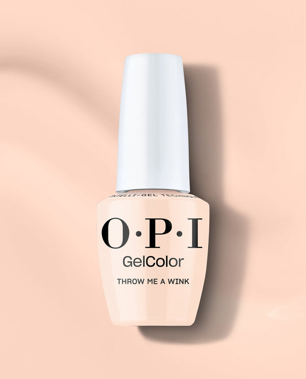 OPI GelColor Throw Me a Wink gel nail polish bottle in a soft pale peach nude shade