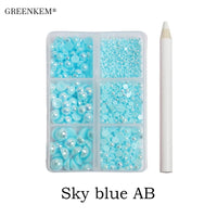 6 Grids / Sky Blue AB Pack Mix Half Round Pearls flat back