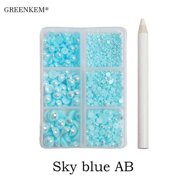 6 Grids / Sky Blue AB Pack Mix Half Round Pearls flat back