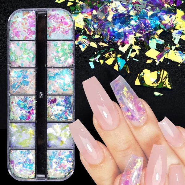 12 Colors Pink White Snowflake Nail Sequin 1 Box Holographic